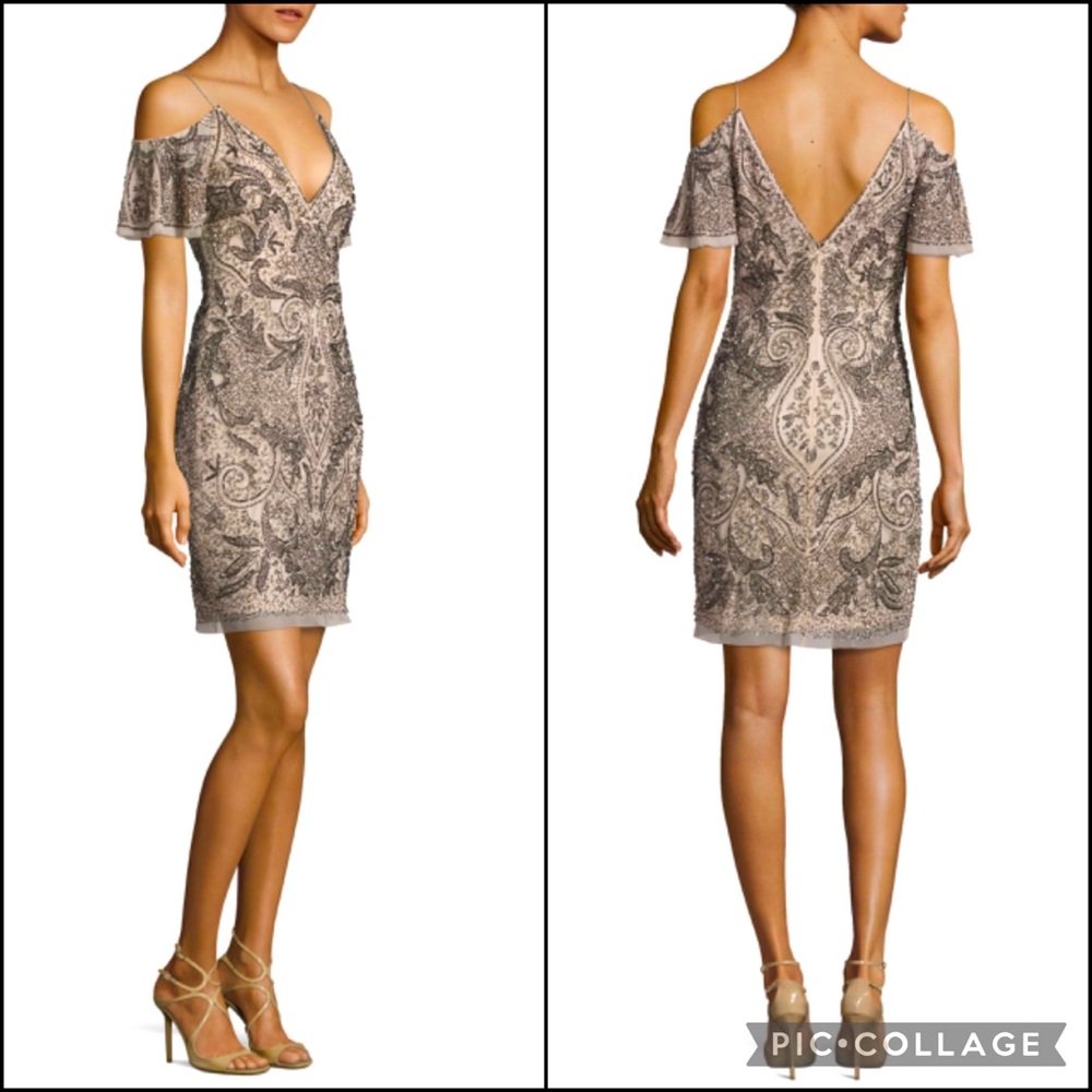 Aidan Mattox Champagne Sequined Beaded Cold Shoulder Formal Party Mini Dress